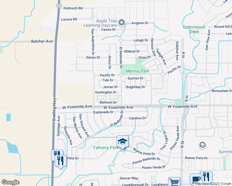 map of restaurants, bars, coffee shops, grocery stores, and more near 1316 Huntington Drive in Merced