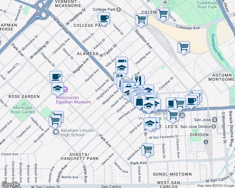 map of restaurants, bars, coffee shops, grocery stores, and more near 1140 Magnolia Avenue in San Jose