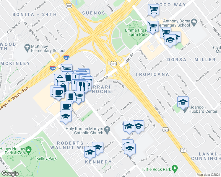 map of restaurants, bars, coffee shops, grocery stores, and more near 1421 Sunbeam Circle in San Jose