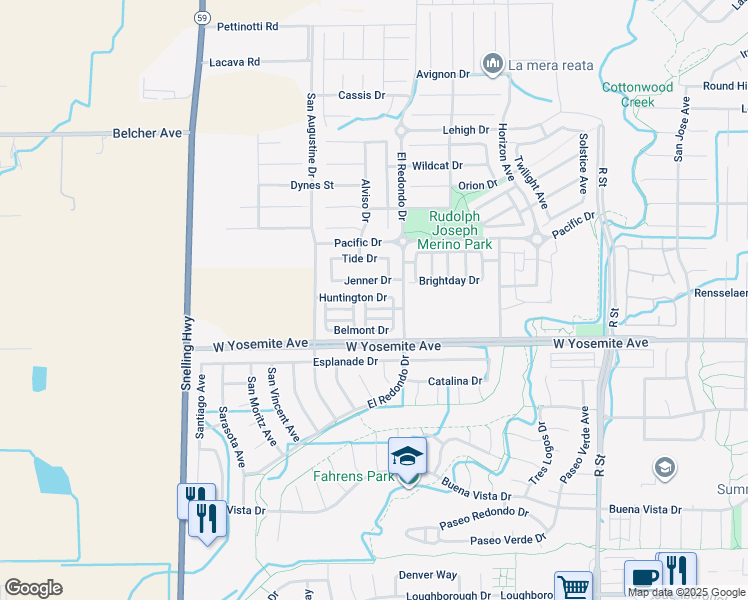 map of restaurants, bars, coffee shops, grocery stores, and more near 1342 Huntington Drive in Merced
