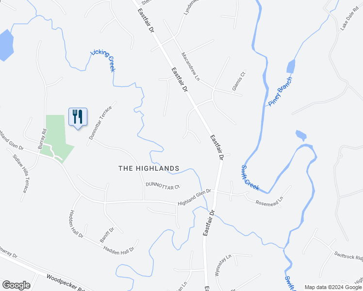 map of restaurants, bars, coffee shops, grocery stores, and more near 11512 Black Isle Way in Chesterfield