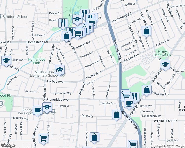 map of restaurants, bars, coffee shops, grocery stores, and more near 2741 Forbes Avenue in Santa Clara