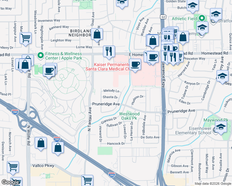 map of restaurants, bars, coffee shops, grocery stores, and more near 3828 Melody Lane in Santa Clara
