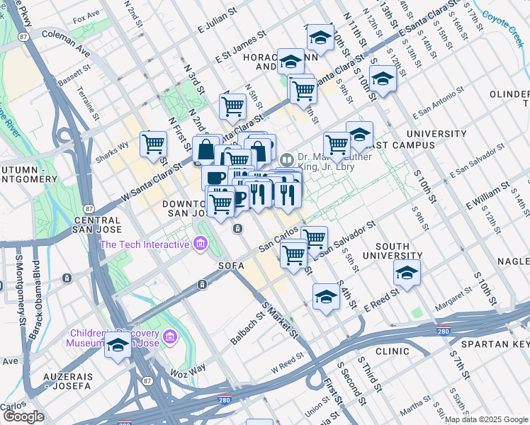 map of restaurants, bars, coffee shops, grocery stores, and more near 98 Paseo de San Antonio in San Jose