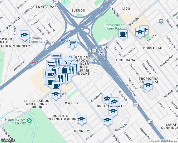 map of restaurants, bars, coffee shops, grocery stores, and more near 1421 Sunbeam Circle in San Jose
