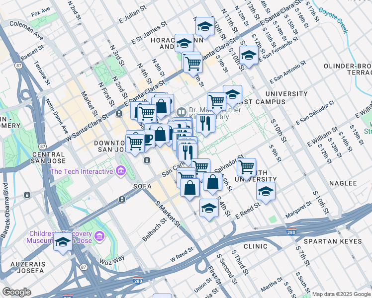 map of restaurants, bars, coffee shops, grocery stores, and more near One Washington Street in San Jose