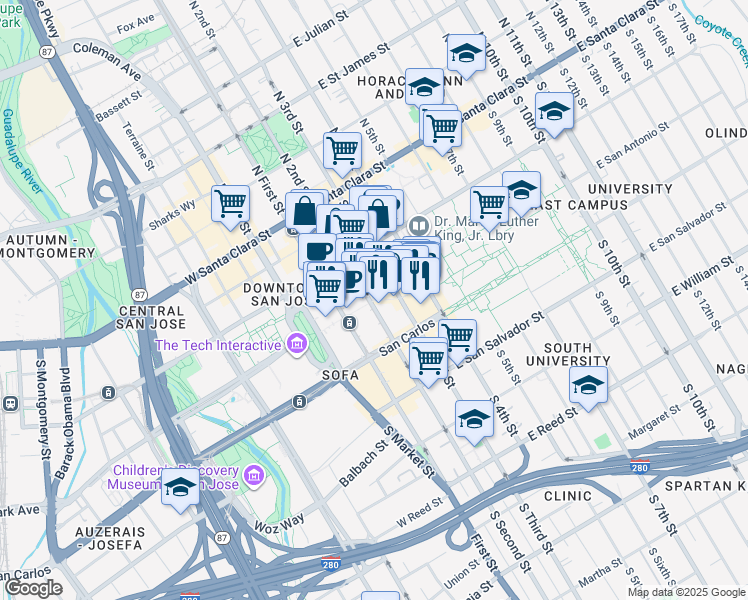 map of restaurants, bars, coffee shops, grocery stores, and more near in San Jose