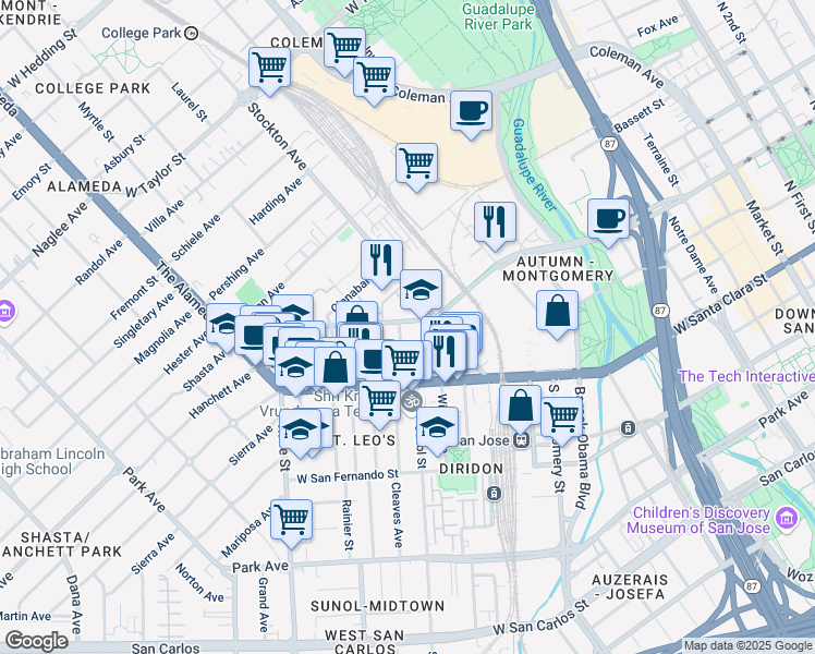 map of restaurants, bars, coffee shops, grocery stores, and more near 708 West Julian Street in San Jose