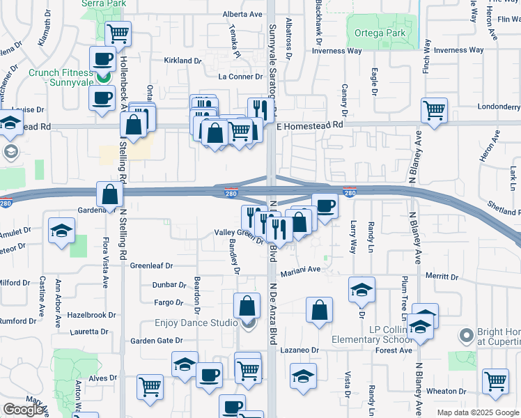 map of restaurants, bars, coffee shops, grocery stores, and more near 10745 North De Anza Boulevard in Cupertino
