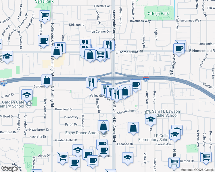 map of restaurants, bars, coffee shops, grocery stores, and more near 10745 North De Anza Boulevard in Cupertino
