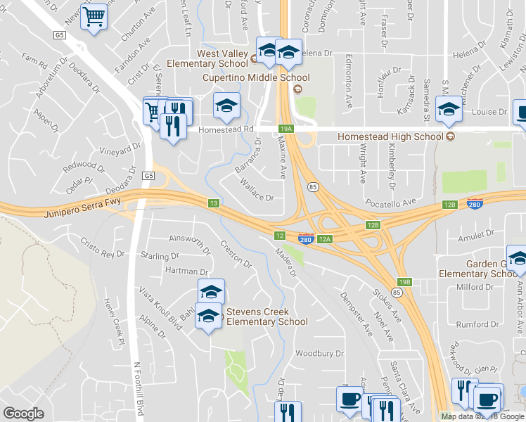 map of restaurants, bars, coffee shops, grocery stores, and more near 22081 Caroline Drive in Cupertino