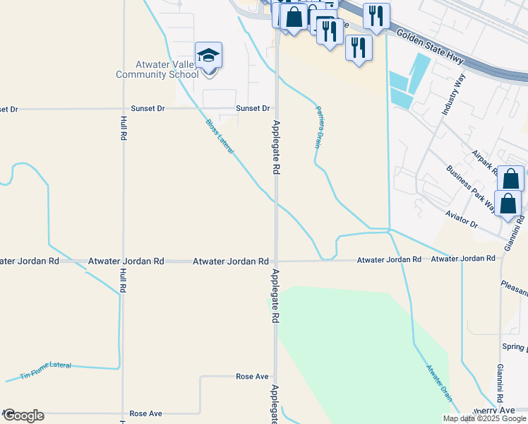 map of restaurants, bars, coffee shops, grocery stores, and more near 3163 Applegate Road in Atwater