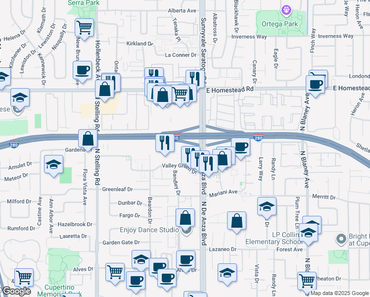 map of restaurants, bars, coffee shops, grocery stores, and more near 20565 Valley Green Drive in Cupertino
