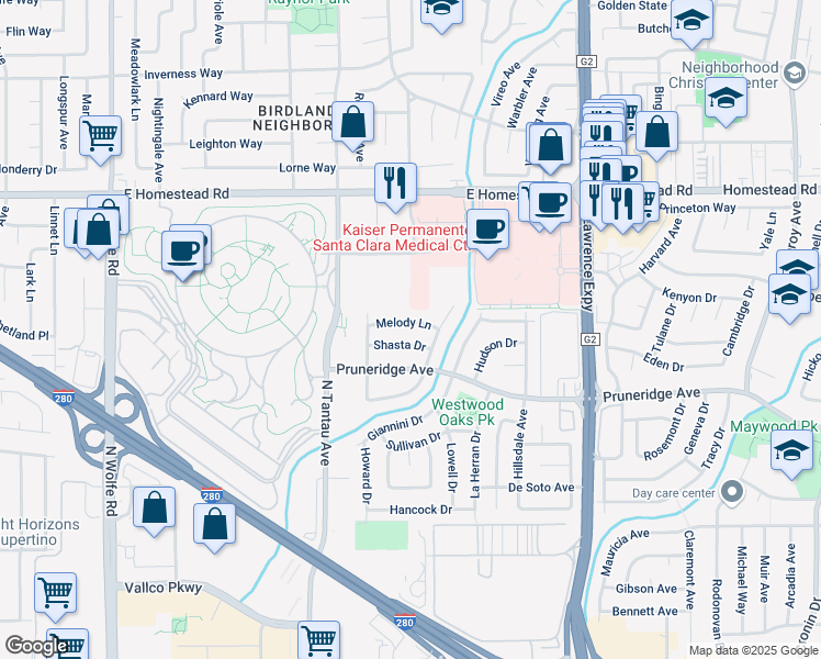 map of restaurants, bars, coffee shops, grocery stores, and more near 3828 Melody Ln in Santa Clara