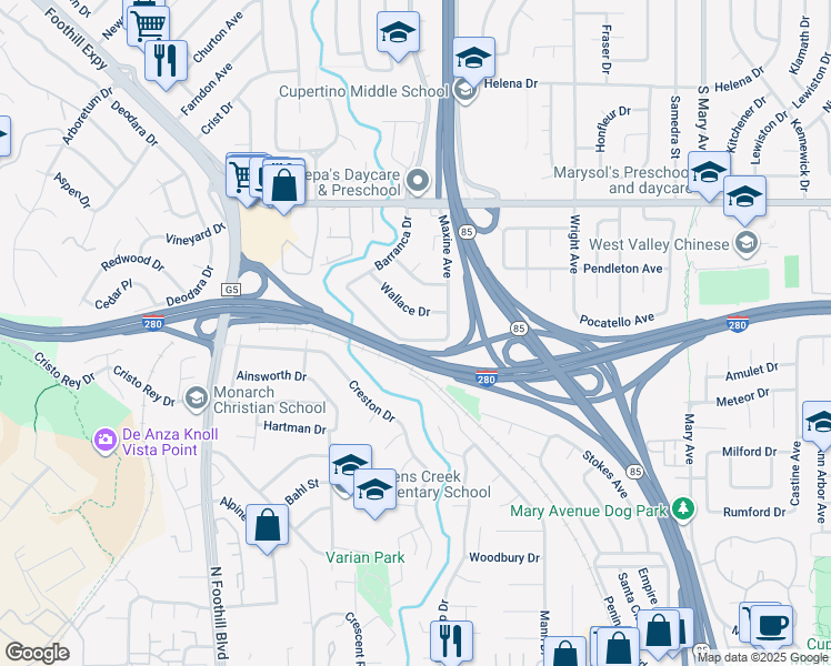 map of restaurants, bars, coffee shops, grocery stores, and more near 22081 Caroline Drive in Cupertino