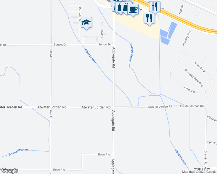 map of restaurants, bars, coffee shops, grocery stores, and more near 3165 Applegate Road in Atwater