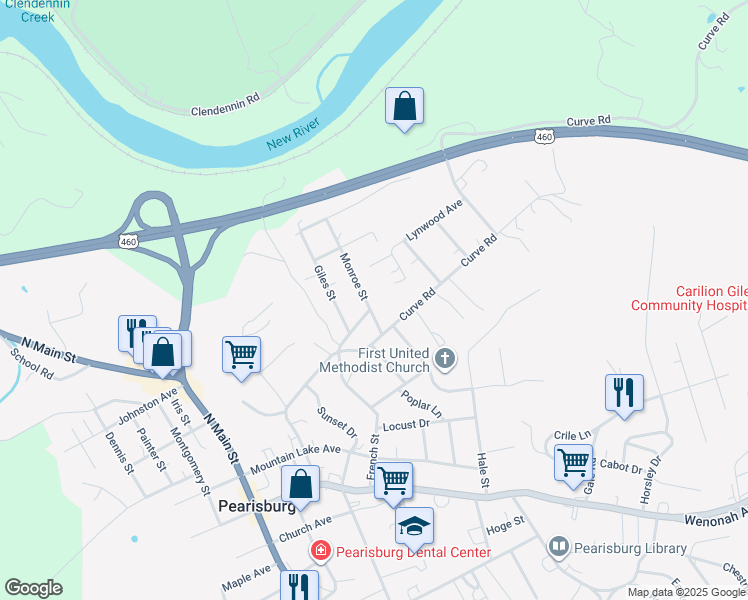 map of restaurants, bars, coffee shops, grocery stores, and more near 500 Monroe Street in Pearisburg
