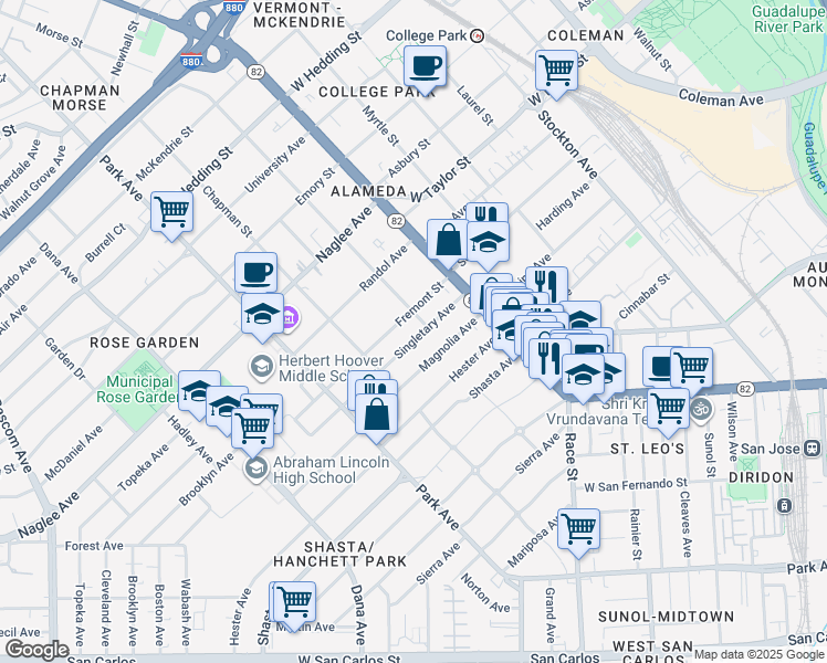 map of restaurants, bars, coffee shops, grocery stores, and more near 1238 Fremont Street in San Jose