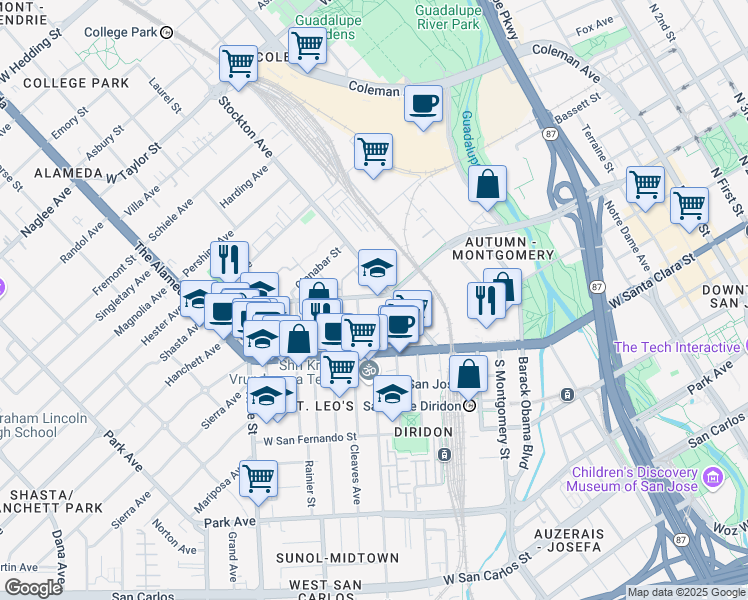 map of restaurants, bars, coffee shops, grocery stores, and more near 708 West Julian Street in San Jose
