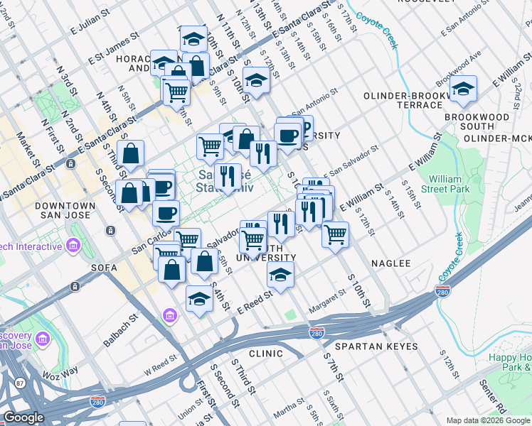 map of restaurants, bars, coffee shops, grocery stores, and more near East San Salvador Street in San Jose