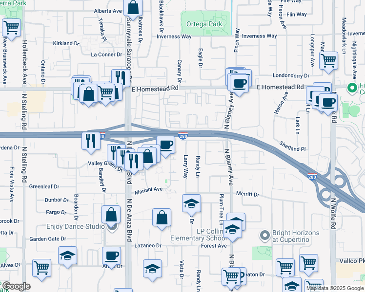 map of restaurants, bars, coffee shops, grocery stores, and more near 10727 Larry Way in Cupertino