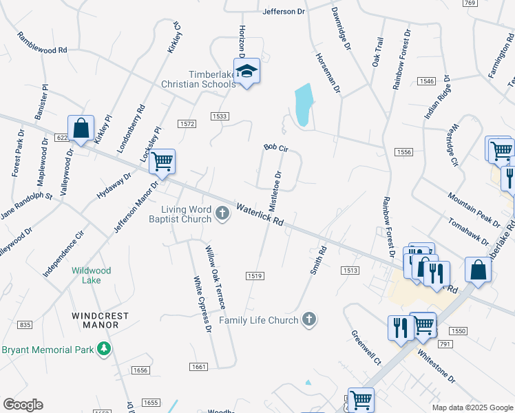 map of restaurants, bars, coffee shops, grocery stores, and more near 4041 Waterlick Road in Forest