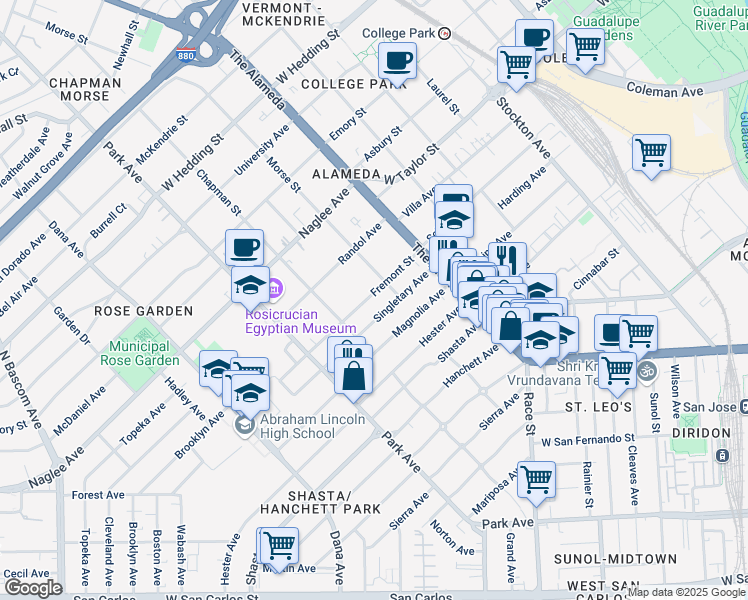 map of restaurants, bars, coffee shops, grocery stores, and more near 1238 Fremont Street in San Jose