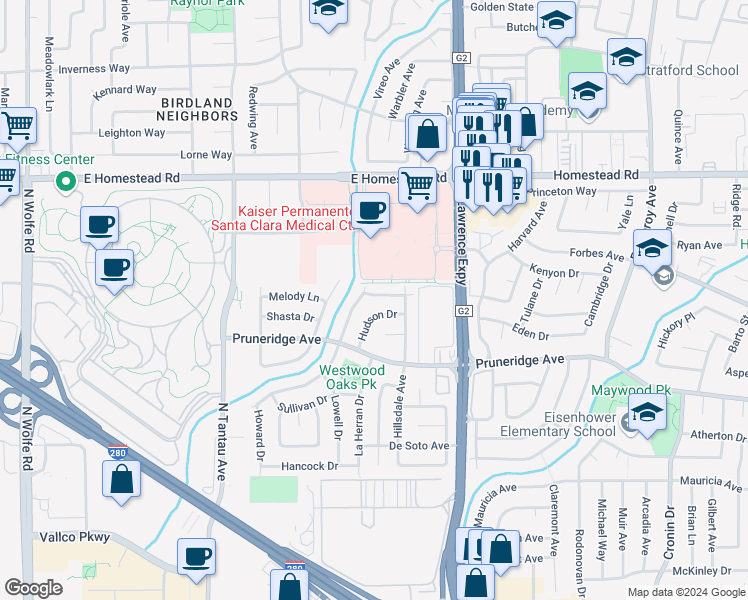 map of restaurants, bars, coffee shops, grocery stores, and more near 3772 Carlysle Avenue in Santa Clara