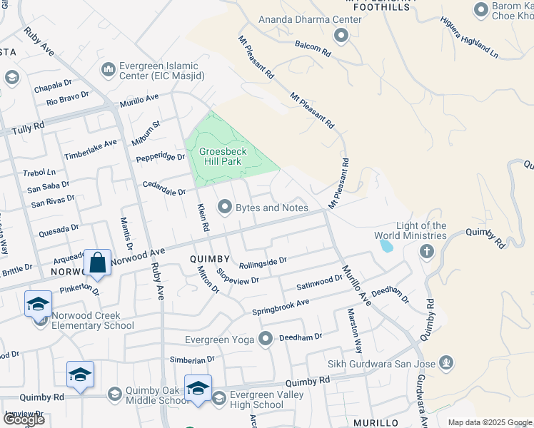 map of restaurants, bars, coffee shops, grocery stores, and more near 3626 Norcross Court in San Jose