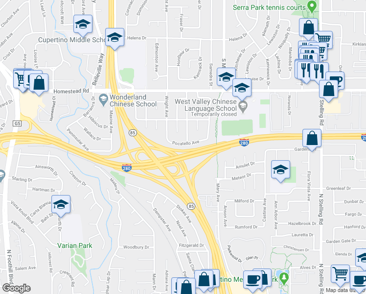 map of restaurants, bars, coffee shops, grocery stores, and more near 974 Pocatello Avenue in Sunnyvale