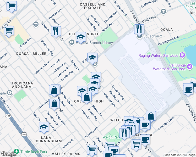 map of restaurants, bars, coffee shops, grocery stores, and more near 1914 Winterpark Way in San Jose