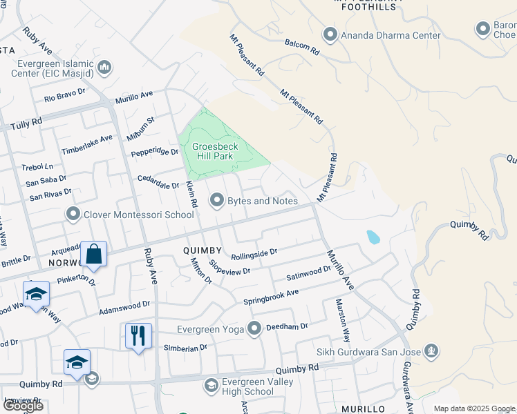 map of restaurants, bars, coffee shops, grocery stores, and more near 3626 Norcross Court in San Jose