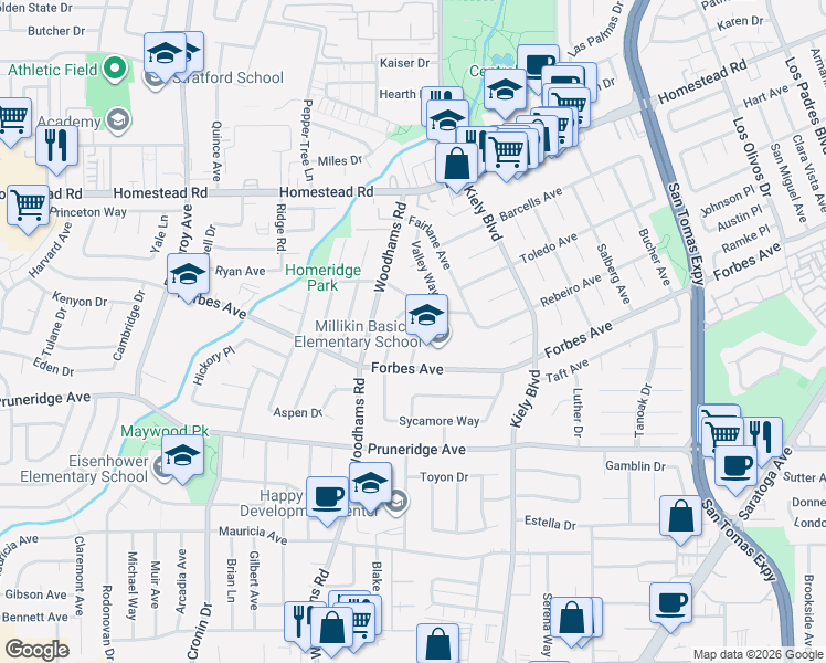 map of restaurants, bars, coffee shops, grocery stores, and more near 626 Hobart Terrace in Santa Clara