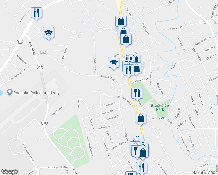 map of restaurants, bars, coffee shops, grocery stores, and more near 6160 Darby Road in Roanoke