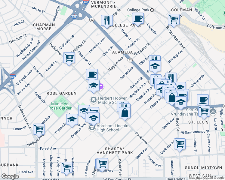 map of restaurants, bars, coffee shops, grocery stores, and more near 1304 Randol Avenue in San Jose