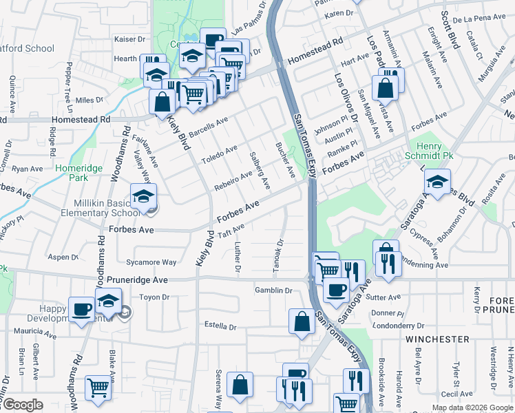 map of restaurants, bars, coffee shops, grocery stores, and more near 2698 Forbes Avenue in Santa Clara