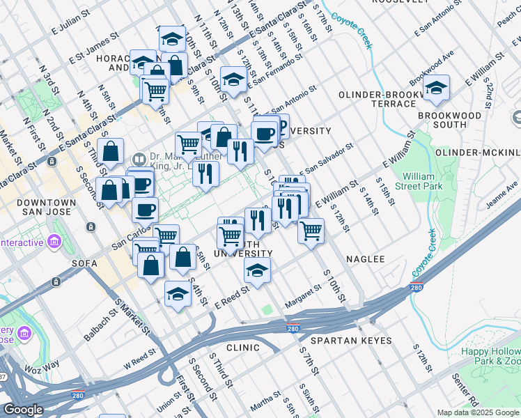 map of restaurants, bars, coffee shops, grocery stores, and more near 372 East San Salvador Street in San Jose
