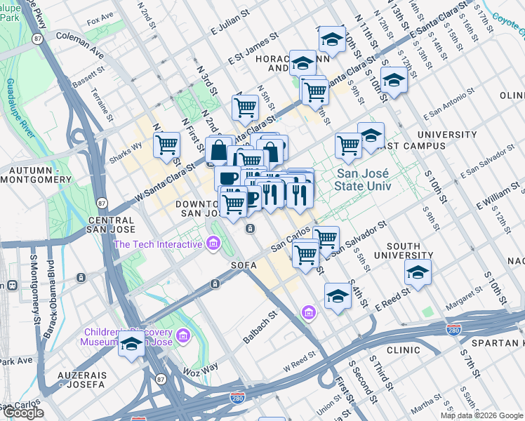 map of restaurants, bars, coffee shops, grocery stores, and more near 98 Paseo de San Antonio in San Jose