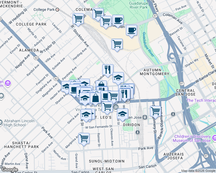 map of restaurants, bars, coffee shops, grocery stores, and more near 920 West Julian Street in San Jose