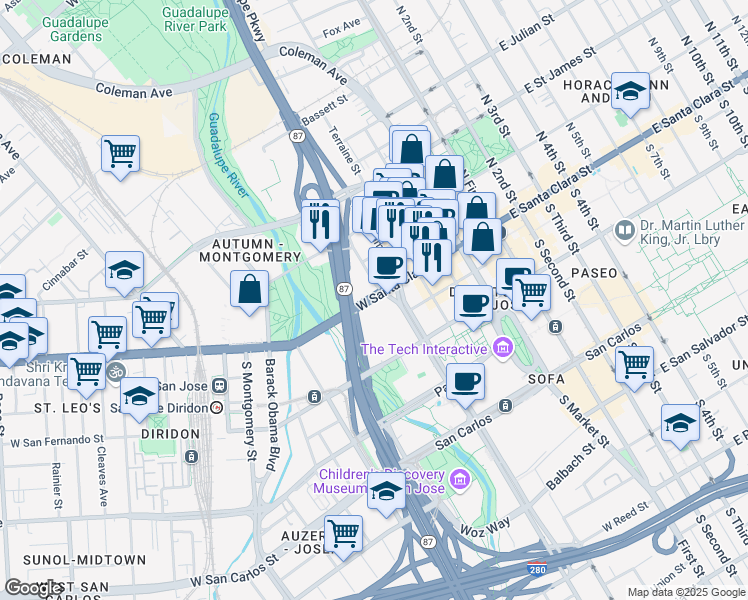 map of restaurants, bars, coffee shops, grocery stores, and more near 334 West Santa Clara Street in San Jose
