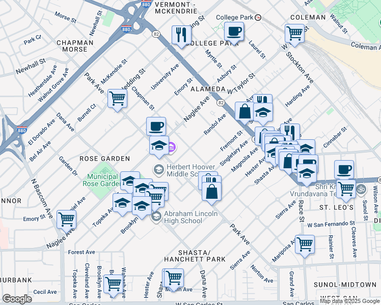 map of restaurants, bars, coffee shops, grocery stores, and more near 1304 Randol Avenue in San Jose