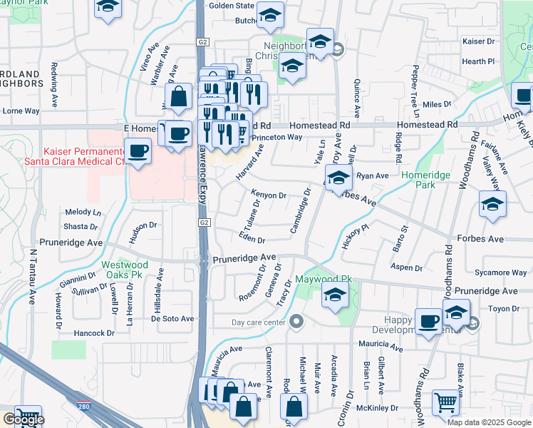 map of restaurants, bars, coffee shops, grocery stores, and more near 642 Briarcliff Court in Santa Clara