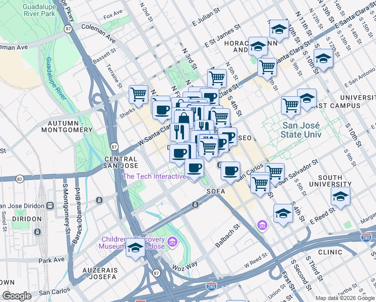 map of restaurants, bars, coffee shops, grocery stores, and more near 101 West San Fernando Street in San Jose
