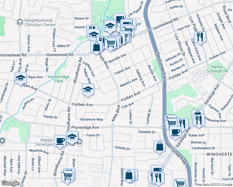 map of restaurants, bars, coffee shops, grocery stores, and more near 2805 Sykes Court in Santa Clara
