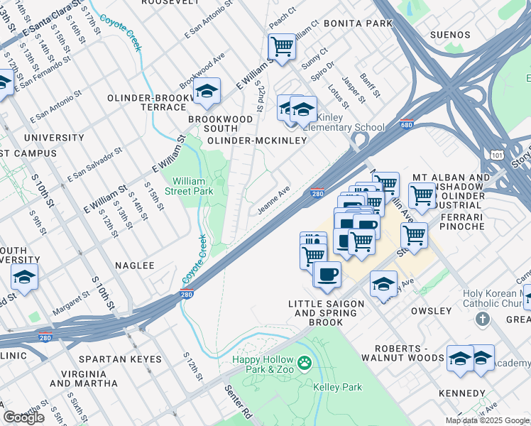 map of restaurants, bars, coffee shops, grocery stores, and more near 838 Jeanne Avenue in San Jose
