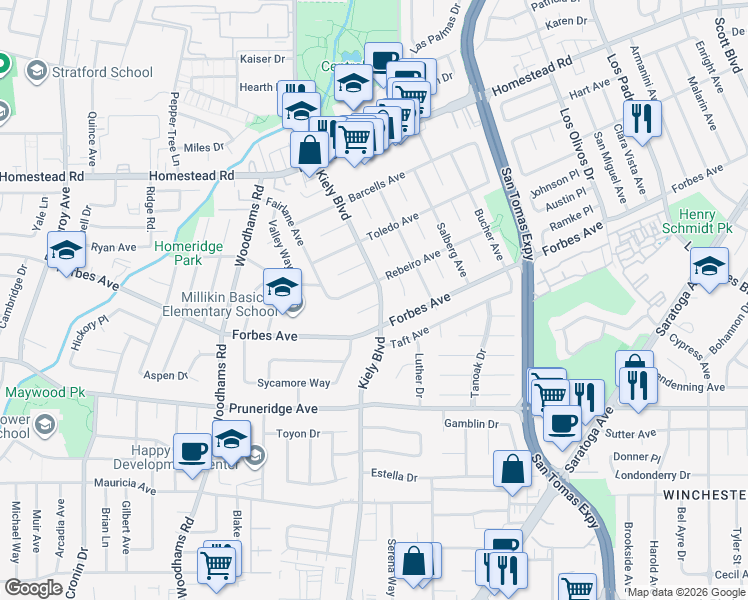 map of restaurants, bars, coffee shops, grocery stores, and more near 2805 Sykes Court in Santa Clara