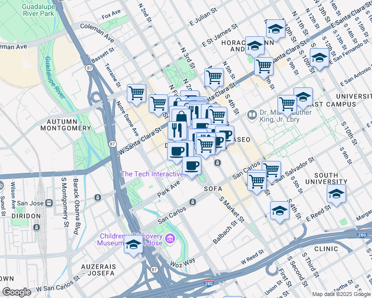map of restaurants, bars, coffee shops, grocery stores, and more near in San Jose