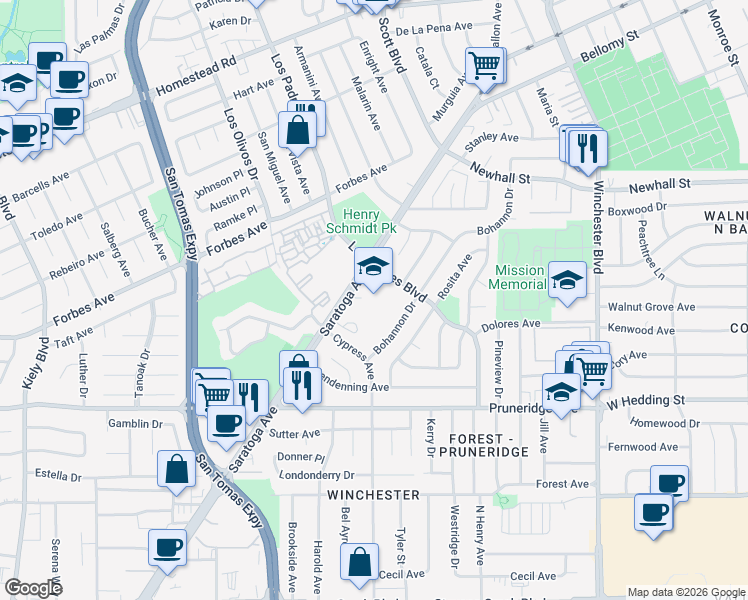 map of restaurants, bars, coffee shops, grocery stores, and more near 435 Saratoga Avenue in Santa Clara