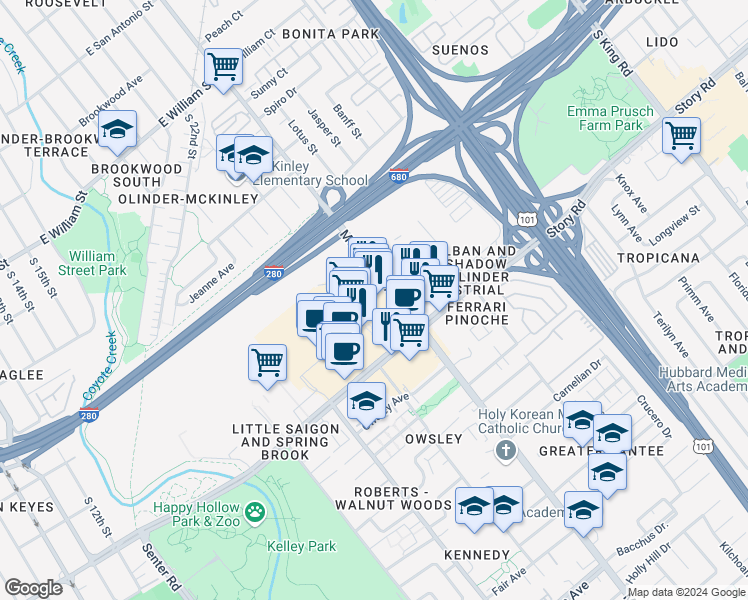map of restaurants, bars, coffee shops, grocery stores, and more near 971 Mc Laughlin Avenue in San Jose