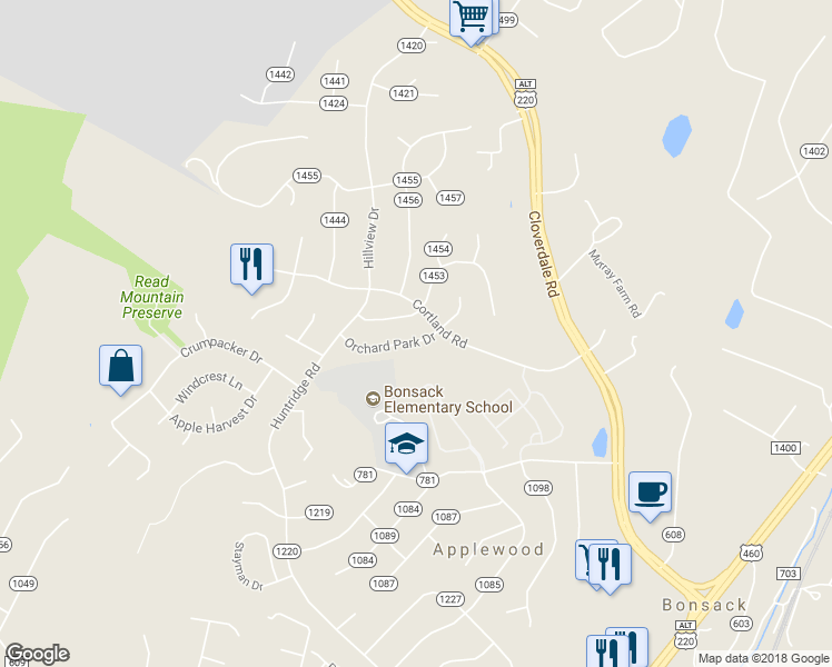 map of restaurants, bars, coffee shops, grocery stores, and more near 5014 Orchard Park Drive in Roanoke